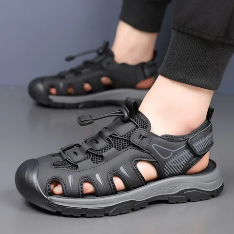 Sandales de Plein Air pour Hommes Bout Fermé Chaussures de Plage en Mesh Respirant Randonnée Aquatique Avec Laçage Rapide Réglable
