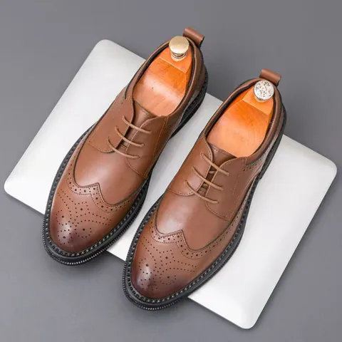 Men's Business Formal Brogue Leather Shoes Wingtip Pointed Toe Lace Up Oxford For Wedding Party Office Wear Wear Resistant Rubber Sole