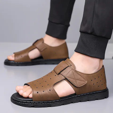 Herren Casual Mikrofaser Leder Sandalen Sommer Atmungsaktiv Klettverschluss Strand Schuhe Rutschfest Weiche Sohle Römersandalen