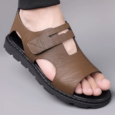 Sandalias Romanas Casuales Para Hombre Piel De Microfibra Transpirable Antideslizante Velcro Zapatos De Playa Verano Exterior