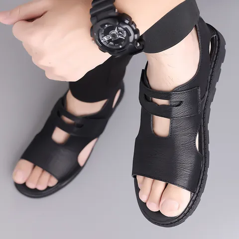 Sandalias Romanas Casuales Para Hombre Piel De Microfibra Transpirable Antideslizante Velcro Zapatos De Playa Verano Exterior