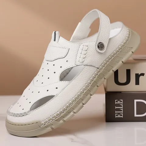 Herren Echtes Leder Sandalen Atmungsaktiv Ausschnitt Geschlossene Zehen Strandschuhe Dual Use Rutschfest Lässige Sommer Pantoletten