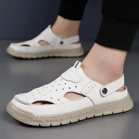 Herren Echtes Leder Sandalen Atmungsaktiv Ausschnitt Geschlossene Zehen Strandschuhe Dual Use Rutschfest Lässige Sommer Pantoletten