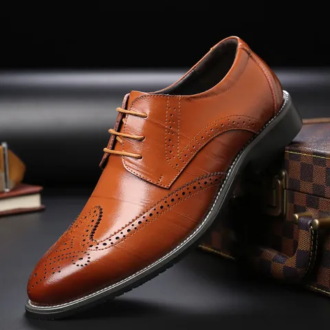 Men's Brogue Dress Shoes Microfiber Leather Pointed Toe Lace Up British Style Business Formal Wedding Shoes For Men