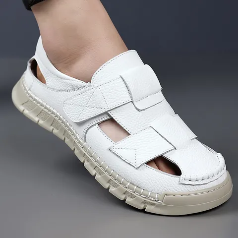 Herren Sandalen Echtes Leder Erste Schicht Rindsleder Geschlossen Atmungsaktiv Lässig Outdoor Strand Fahrerschuhe Mit Klettverschluss