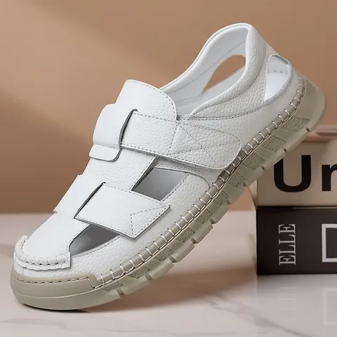 Herren Sandalen Echtes Leder Erste Schicht Rindsleder Geschlossen Atmungsaktiv Lässig Outdoor Strand Fahrerschuhe Mit Klettverschluss