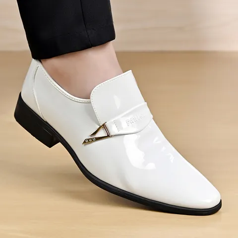 Men Business Formal Shoes Cowhide Patent Leather Loafers Slip On Pointed Toe British Style Non Slip Dress Shoes Office