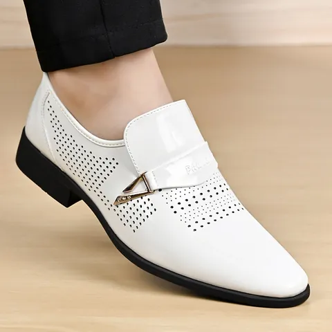 Men Business Formal Shoes Patent Cowhide Leather Pointed Toe Breathable Hollow Slip-On Loafers Wedding Shoes Black White