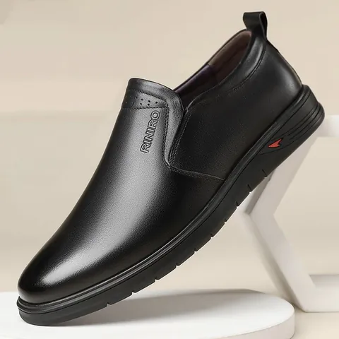 Men's Business Casual First Layer Cowhide Leather Shoes Slip-on Loafers Breathable Soft Sole Black Formal Office Dress Shoes