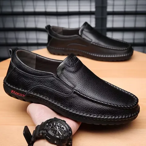Men's Genuine Leather Casual Shoes Top Layer Cowhide Loafers Slip-on Breathable Hand-stitched Soft Rubber Sole Shoes