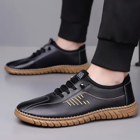 Men's Business Casual Cowhide Leather Loafers Slip On Breathable Hollow Out Flat Shoes Soft Sole Lightweight Driving Shoes