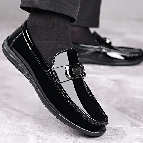 Men's Business Casual Patent Leather Loafers Breathable Hollow Slip-on Driving Shoes With Metal V Buckle Formal Footwear