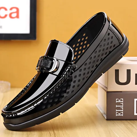 Men's Business Casual Patent Leather Loafers Breathable Hollow Slip-on Driving Shoes With Metal V Buckle Formal Footwear