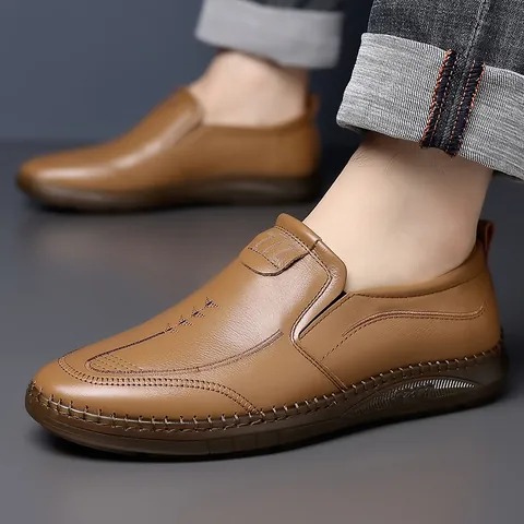 Men Genuine Leather Casual Shoes Slip-on Loafers And Lace-up Dress Shoes With Beef Tendon Sole Comfortable Driving Shoes