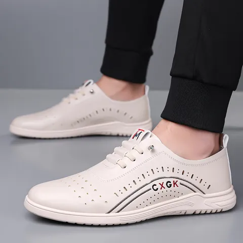 Men's Casual Hollow-out Leather Shoes Summer Breathable Microfiber Leather Slip-on Loafers Non-slip Soft Sole Sneakers For Men