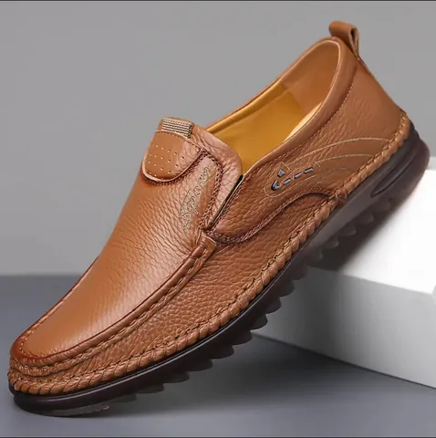 Men Genuine Leather Loafers Slip On Casual Driving Shoes Soft First Layer Cowhide Litchi Texture Non Slip Rubber Sole Large Size