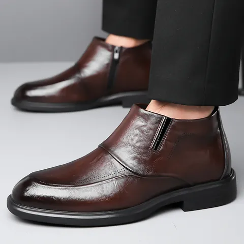 Men's British Style Leather Chelsea Boots Business Formal Winter Warm Fleece Lined High Top Ankle Boots Side Zipper Non-Slip Sole