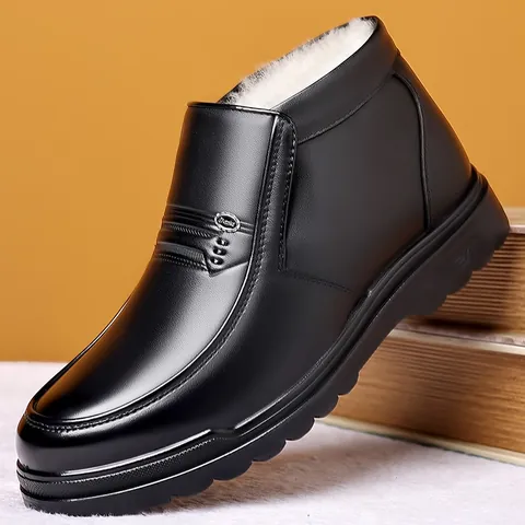 Men Winter Boots Fleece Lined Warm Waterproof Anti Slip Microfiber Leather Business Casual Cotton Shoes For Elderly Men Father Gift