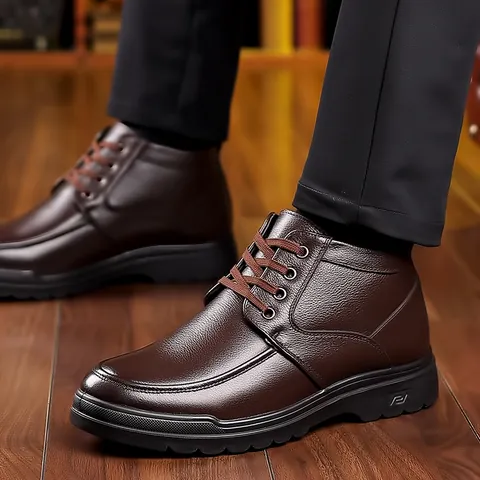 Men Genuine Leather Winter Boots High Top Thickened Warm Fur Lined Business Casual Non Slip Flat Walking Shoes Cotton Boots