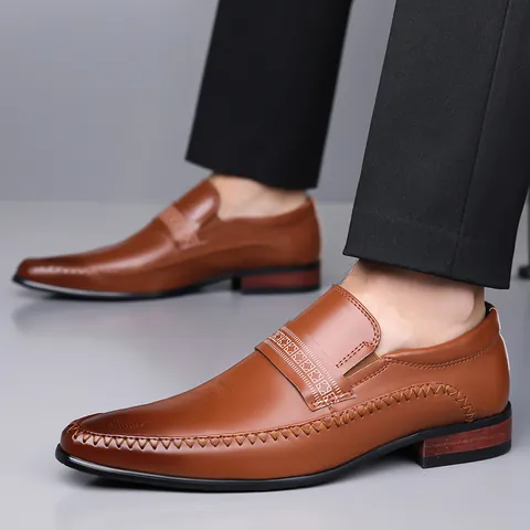 Men's Cowhide Business Leather Shoes Slip-On Pointed Toe Loafers Formal Wedding Dress Shoes For Men Office British Style