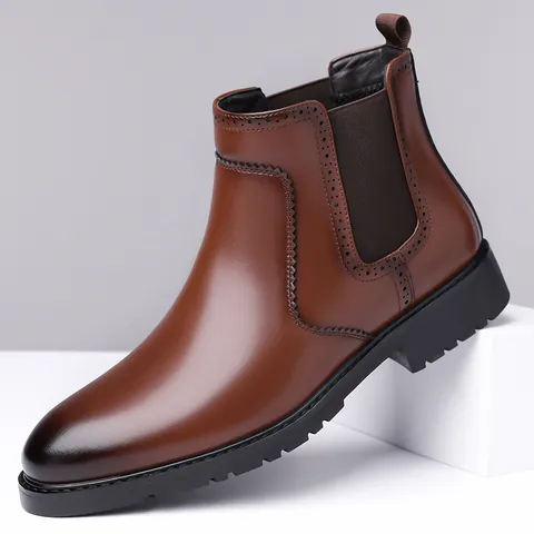 Men's Chelsea Boots Vintage British Style Microfiber Leather Brogue Perforated Ankle Boots Non-Slip Rubber Sole Martin Boots For Men