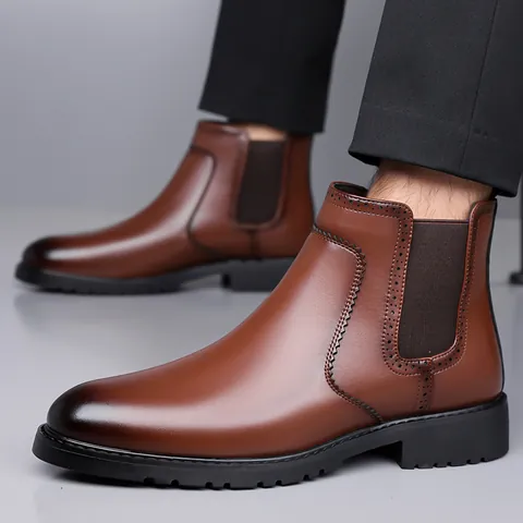 Men's Chelsea Boots Vintage British Style Microfiber Leather Brogue Perforated Ankle Boots Non-Slip Rubber Sole Martin Boots For Men