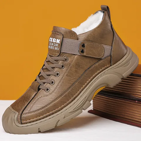 Men's Vintage Hand-Sewn High-Top Leather Boots Casual Fleece Lined Work Shoes Slip-On Non-Slip Rubber Sole Winter Outdoor Footwear
