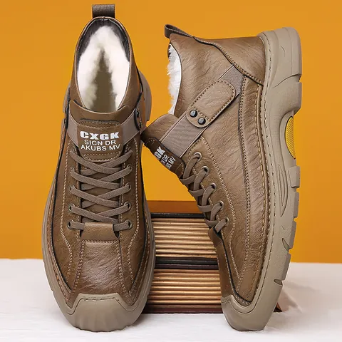 Men's Vintage Hand-Sewn High-Top Leather Boots Casual Fleece Lined Work Shoes Slip-On Non-Slip Rubber Sole Winter Outdoor Footwear