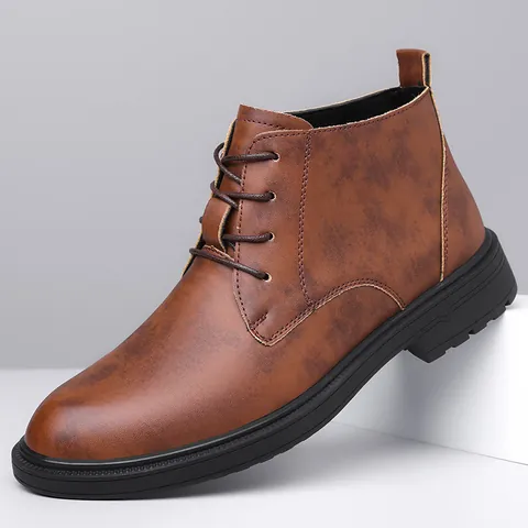 Men's Premium Cowhide Martin Boots Vintage British Style Lace-up Mid-top Ankle Boots Anti-slip Rubber Sole Casual Work Shoes