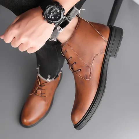 Men's Premium Cowhide Martin Boots Vintage British Style Lace-up Mid-top Ankle Boots Anti-slip Rubber Sole Casual Work Shoes