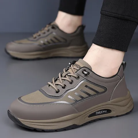 Men's Fashion Casual Sneakers Breathable Non-Slip Sports Shoes Microfiber Leather Patchwork Design Thick Sole Low Top Trainers