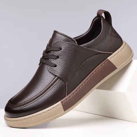 Zapatos Casuales de Hombre de Cuero de Vaca Genuino Vintage con Cordones Suela Gruesa Estilo Británico Negocios Moda Suaves Antideslizantes Transpirables Sneakers