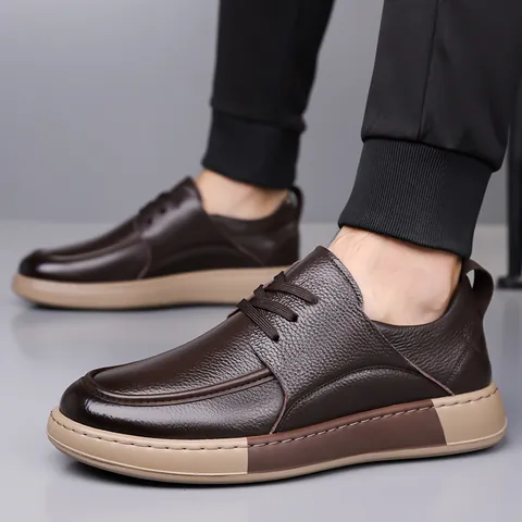 Zapatos Casuales de Hombre de Cuero de Vaca Genuino Vintage con Cordones Suela Gruesa Estilo Británico Negocios Moda Suaves Antideslizantes Transpirables Sneakers