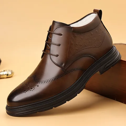 Classic Men High-top Business Leather Shoes Winter Warm Fleece Lined Brogue Formal Boots Non-slip Rubber Sole Lace-up Office Cotton Shoes