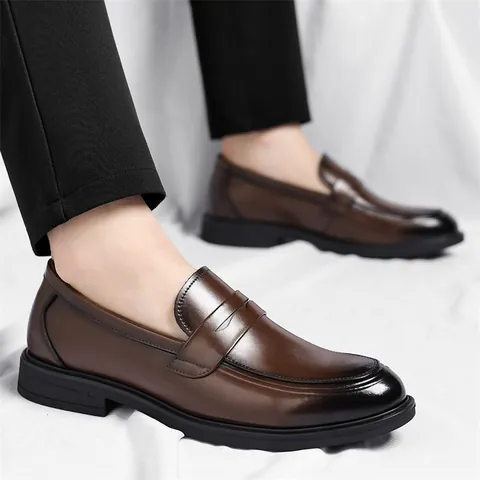 Men's British Style Penny Loafers Polished Regenerated Leather Business Dress Shoes Slip-On Wedding Office Formal Shoes Rubber Sole