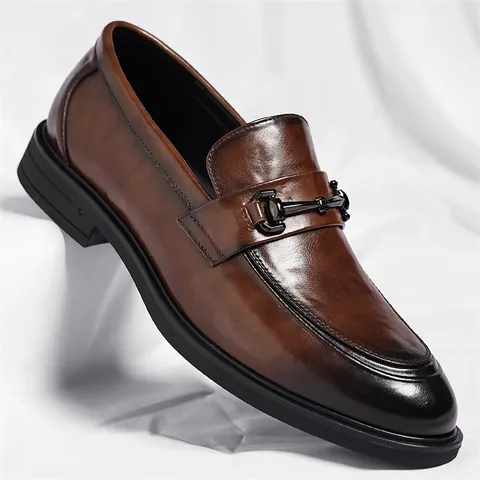 Men Business Formal Leather Loafers With Horsebit Metal Buckle Slip-on Dress Shoes Soft Anti-slip Cowhide Wedding Party Shoes