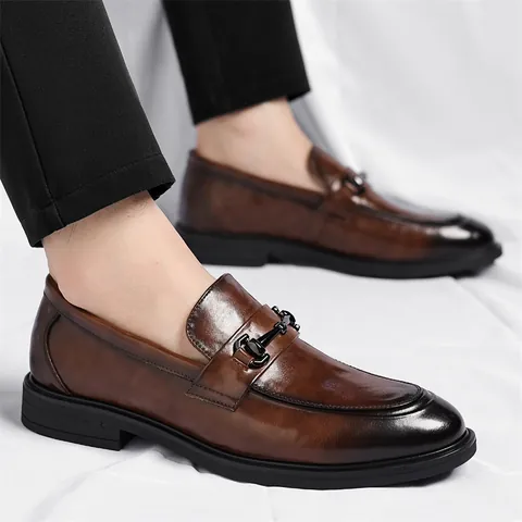 Men Business Formal Leather Loafers With Horsebit Metal Buckle Slip-on Dress Shoes Soft Anti-slip Cowhide Wedding Party Shoes