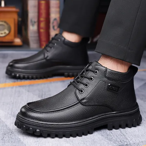Botas de Invierno para Hombre con Forro de Piel Sintética Cálidas Cuero Microfibra Textura Lichi Suela Gruesa Antideslizante Casual
