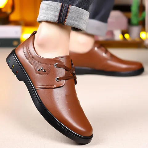 Men Business Casual Leather Shoes Selected Top Layer Cowhide Non-Slip Warm Flat Dress Shoes For Office Party Daily Large Size