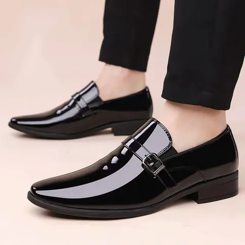 Men's Patent Leather Monk Strap Shoes British Style Business Casual Slip On Loafers Formal Dress Shoes For Wedding Office