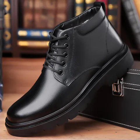 Men's Business Casual Microfiber Leather Boots Mid-top Lace-up Winter Warm Fleece Lined Anti-slip Rubber Sole Casual Shoes