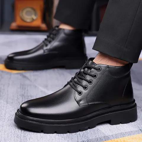 Men's Business Casual Microfiber Leather Boots Mid-top Lace-up Winter Warm Fleece Lined Anti-slip Rubber Sole Casual Shoes