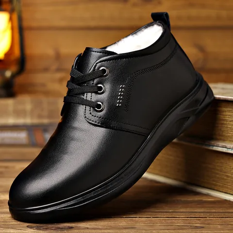 Men Mid-Top Winter Snow Boots Black Leather Plus Velvet Warm Wool Lining Anti-Slip Casual Business Shoes Outdoor Boots For Men