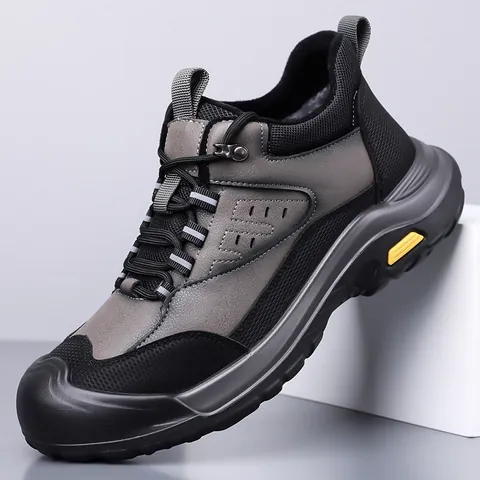 Men Winter Hiking Shoes High Top Warm Fleece Lined Boots Non Slip Wear Resistant Cowhide Outdoor Sports Walking Sneakers