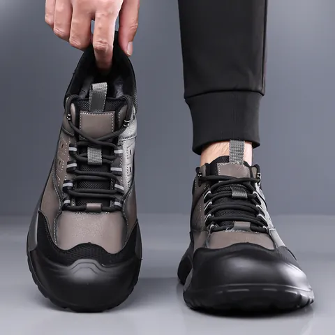 Men Winter Hiking Shoes High Top Warm Fleece Lined Boots Non Slip Wear Resistant Cowhide Outdoor Sports Walking Sneakers