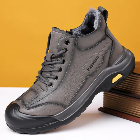 Men Winter High Top Snow Boots Thickened Fur Lined Warm Outdoor Casual Shoes Non-Slip Rubber Sole Microfiber Leather Boots