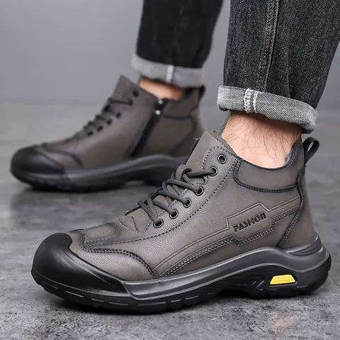 Men Winter High Top Snow Boots Thickened Fur Lined Warm Outdoor Casual Shoes Non-Slip Rubber Sole Microfiber Leather Boots