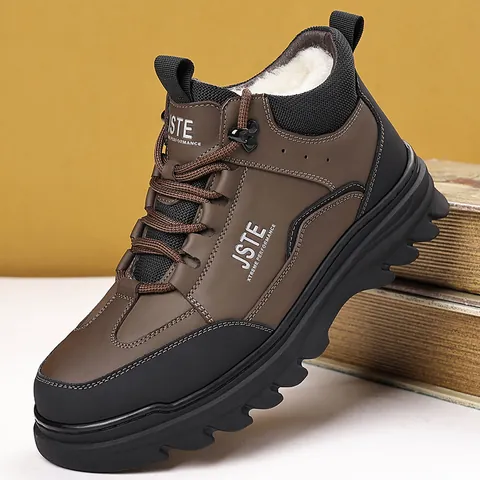 Men Winter Genuine Leather Snow Boots Fleece Lined Thick Warm High Top Casual Shoes Non-slip Outdoor Cotton Boots