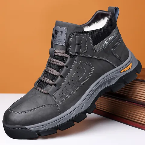 Men's Winter Warm Snow Boots Leather Outdoor Non-Slip Work Boots High Top Plush Lined Cotton Shoes Lace Up Ankle Boots