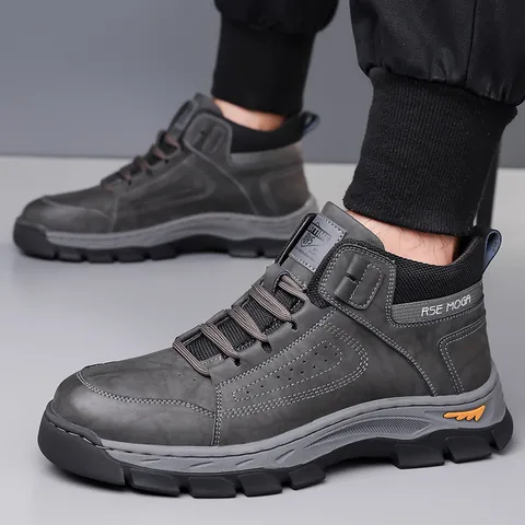 Men's Winter Warm Snow Boots Leather Outdoor Non-Slip Work Boots High Top Plush Lined Cotton Shoes Lace Up Ankle Boots